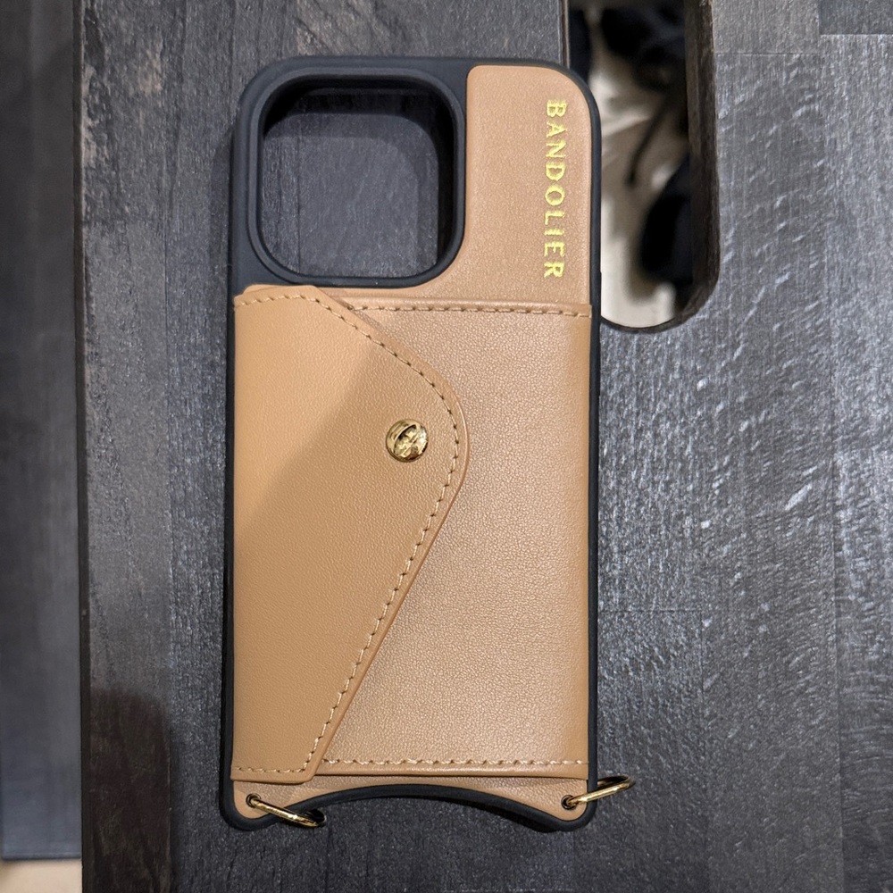 Bandolier Black and Tan Phone Case with Card Slot iPhone 15 pro